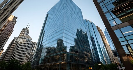 Fototapeta premium Tall glass skyscrapers and buildings rising toward the clear blue sky