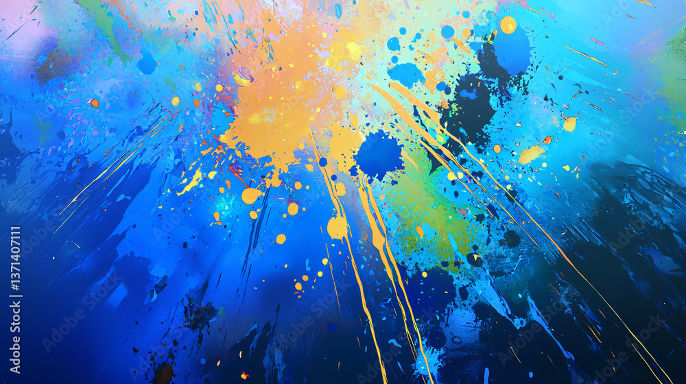Poster striking colorful abstract background filled with bright paint splatters and unique patterns creatin