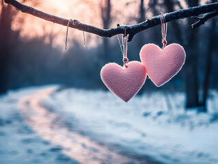 Photo of Two Pink Heart Decorations Hanging on Winter Tree Branch