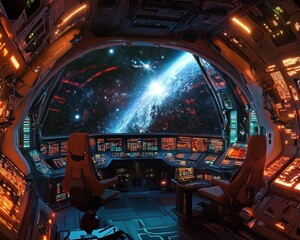 futuristic starship bridge interior featuring a large viewscreen displaying a star system, blinking neon control boards, and futuristic ergonomic chairs