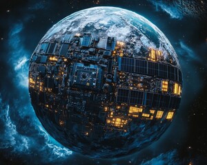 planet-sized artificial structure, with highlights on the solar panels and living quarters