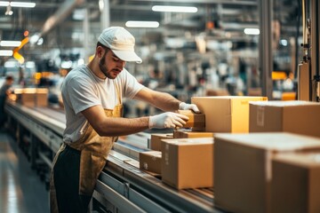 A worker efficiently packages products by hand in a bustling warehouse filled with items ready for distribution during daylight hours Generative AI
