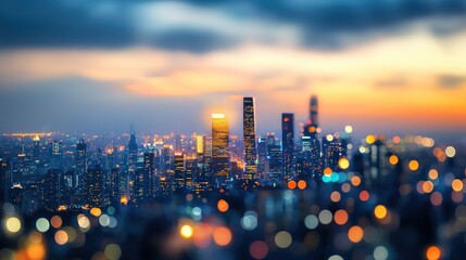 Blurred city skyline at sunset with glowing lights, showcasing urban life and evening ambiance