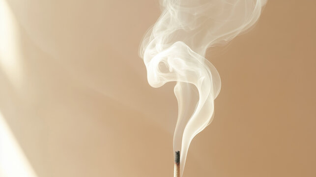 A poetic image of incense burning, rising stream of smoke forming ethereal shapes, set against a soft and seamless light brown gradient