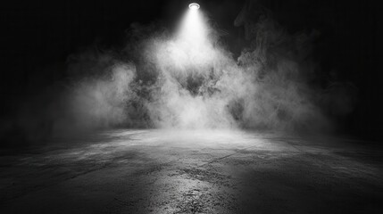 Grunge concrete floor with smoke or fog in dark room with spotlight. Asphalt night street, black background, black and white.