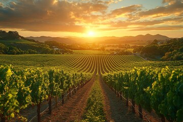 Fototapeta premium Golden sunlight bathes the Australian vineyard, highlighting the neatly arranged rows of grapevines and distant hills at sunset Generative AI