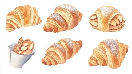 Flaky almond croissants beautifully arranged with a croissant in the center on a charming watercolor background