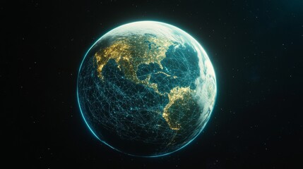 Obraz premium A futuristic Earth seen from space, glowing neon-blue digital network forming across its surface