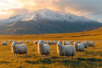 Obraz premium Flocks of sheep graze peacefully in a vibrant green meadow as golden light casts a warm glow over the picturesque mountain landscape during sunset Generative AI