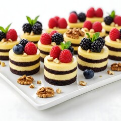 Mini Cheesecakes with Mixed Berries and Walnuts on White Tray