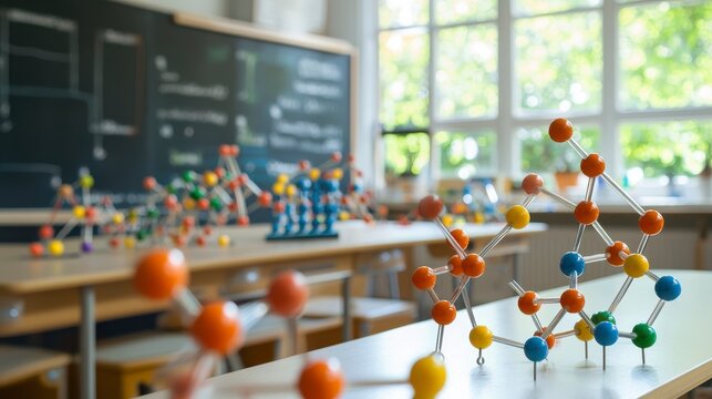 Colorful Molecular Models on Classroom Desk, Science Education Concept