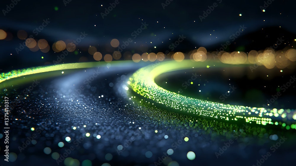 Poster glowing curved light trails with sparkles against dark background, creating magical atmosphere with 