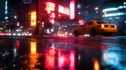Vibrant cityscape at night with rain-soaked streets and a yellow taxi amidst neon lights
