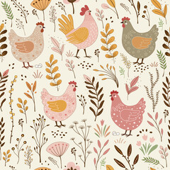 Floral seamless pattern with cute cartoon chickens  on white background