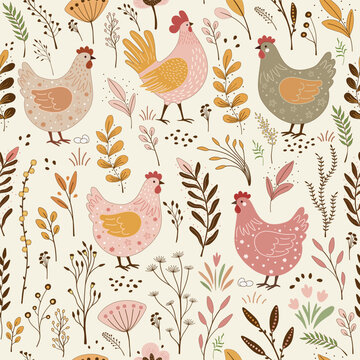 Floral seamless pattern with cute cartoon chickens  on white background