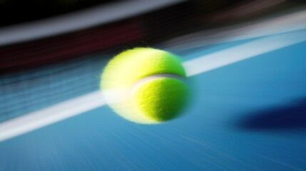 A vibrant green tennis ball in motion on a blue court, with blurred background action
