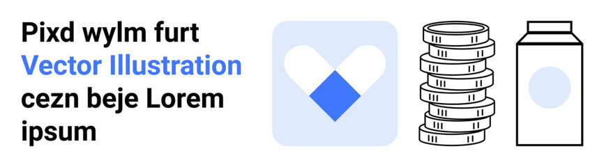 Heart-shaped capsules with coins stacked beside a milk carton, representing healthcare, savings, wellness, pharmaceutical solutions, financial planning, nutrition, and a clean, simple landing page