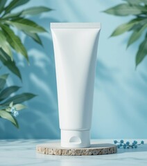Minimalist Aesthetic Cosmetic Tube Mockup on wooden tray and Blue Background with Green Leaves and Soft Shadows