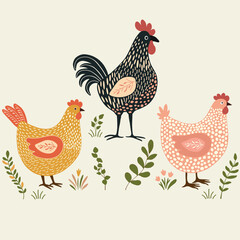 Floral pattern with three cute cartoon chickens  on white background