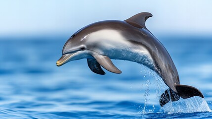 Obraz premium Dolphin leaps from the water with splash, its gray and white body glistening in the sunlight against a light blue sky.