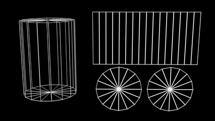 2d UV map derived from cylinder. Unwrapped 3d cylindrical mesh model. Flat 2d UV planar map generated from a 3-dimensional object. 3d render illustration.