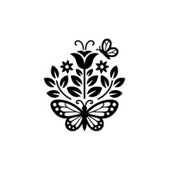 Elegant Black Floral and Butterfly Ornament on White Background