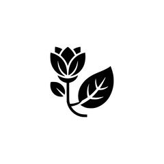 Black Flower and Leaf Minimalist Icon on White Background