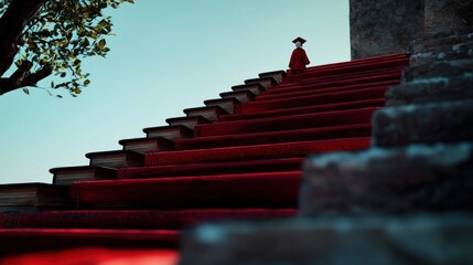A solitary figure in a red robe ascends vibrant book-covered stairs under a clear sky