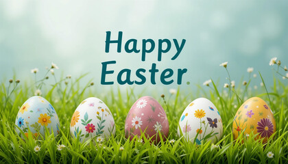 A joyous Easter celebration with vibrantly painted eggs nestled in fresh green grass under a soft blue sky.