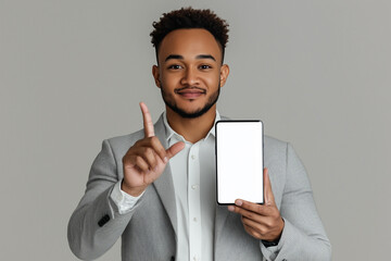 Man Holding Smartphone for Marketing Businessman Presenting on Mobile Screen White Screen of Smartphone for Using of Products Professional Sale on Mobile Phone Professional Man for Pointing
