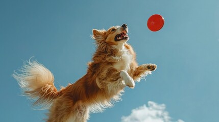 A joyful dog leaps into the air to catch a red ball against a clear blue sky, showcasing playfulness