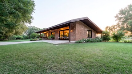 Modern brick home nestled in a serene, landscaped yard.  Sunlight streams through large windows illuminating the interior.  Porch area with comfortable seating and potted plants