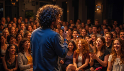 A charismatic performer captivating a roaring audience with his heartfelt storytelling under warm stage lighting.