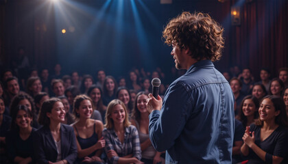 A charismatic performer captivates a captivated audience with his heartfelt story, bathed in the warm glow of stage lights.