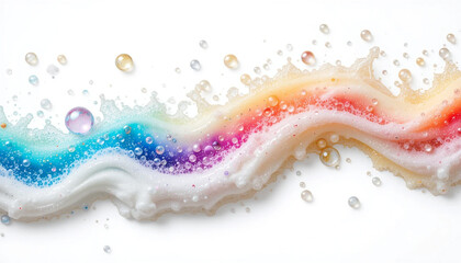 A vibrant rainbow wave of creamy foam playfully splashes across a bright white background, capturing the joyful energy of a summer day with iridescent bubbles and soft light.