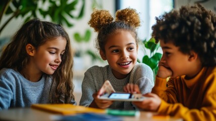 Diverse Group of Children Sharing a Tablet and Playing a Game Together