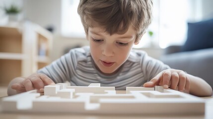 Young Boy Concentrated on Solving a Wooden Maze Puzzle