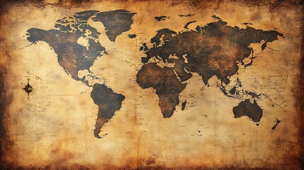 Vintage World Map on Distressed Parchment Background with Compass Rose Depicting Global Exploration.