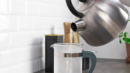 Person pours hot water in french press coffee maker.