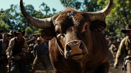 A close-up of a bull charging with cowboys cheering in the background during a rodeo event