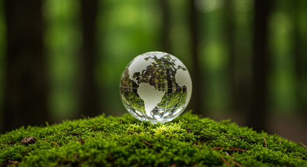 Our fragile Earth resting gently on a bed of vibrant green moss, a symbol of hope and environmental preservation within a lush forest backdrop.