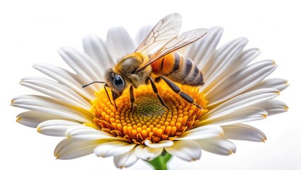 Bee on Flower, Closeup Macro Photography, Isolated White Background, Pollination, Nature, Insect, Wildlife