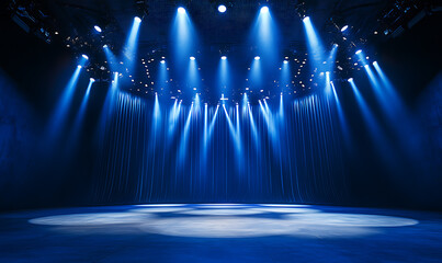 A stage illuminated with bright blue spotlights and a dark background with hanging curtains