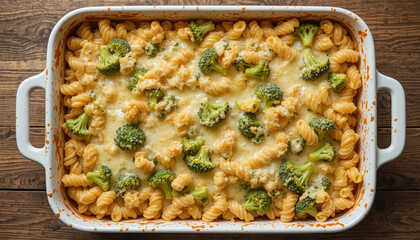 Creamy cheesy pasta bake topped with vibrant broccoli florets, a comforting and delicious home-style meal in a rustic white baking dish.