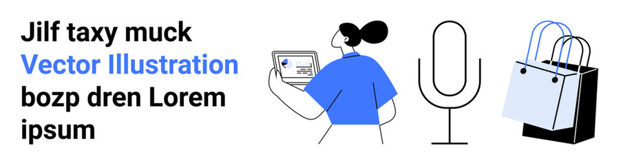 Woman interacting with a tablet, a microphone symbolizing communication, and shopping bags suggesting e-commerce and retail. Ideal for technology, media, retail, marketing, communication, podcasts