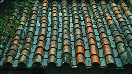 Wet terracotta roof tiles