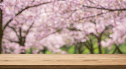 A serene spring scene of delicate pink cherry blossoms in full bloom, softly blurred to create a dreamy atmosphere with a light brown wooden tabletop in the foreground.