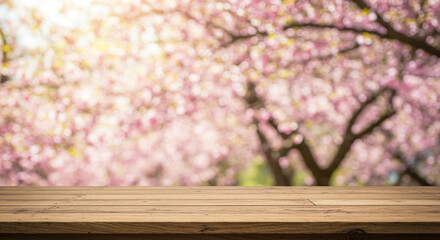 A serene spring scene unfolds, a gentle wooden surface rests before a breathtaking bokeh of blossoming pink cherry trees, bathed in soft sunlight.