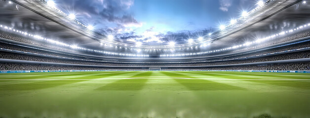Illuminated Arena: A captivating stadium bathed in bright lights, with a meticulously maintained green field, offers a perspective of the grand scale of sports and entertainment.