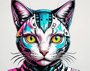 A digital illustration of a white cat with a blue and pink robotic helmet